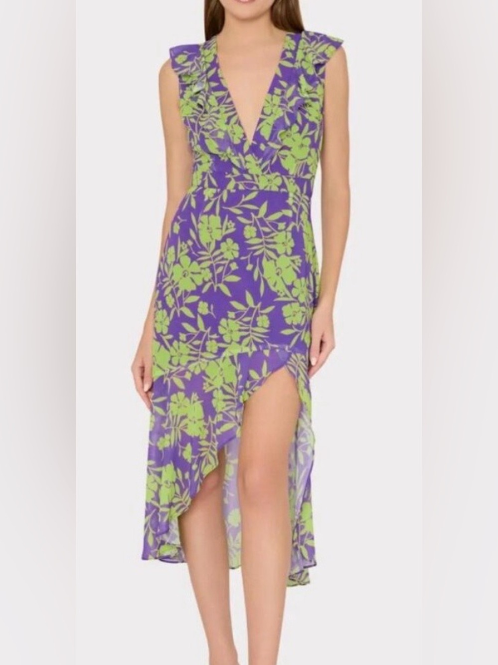 Milly Nanci floral ruffle midi slit cocktail dress purple green sz 6 NWT